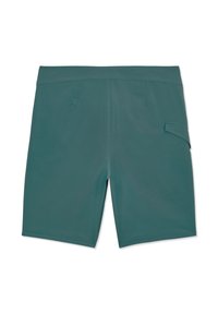 Shorts bleu sarcelle mi-longueur avec une poche latérale à rabat, une ceinture plate et des coutures visibles sur fond blanc.