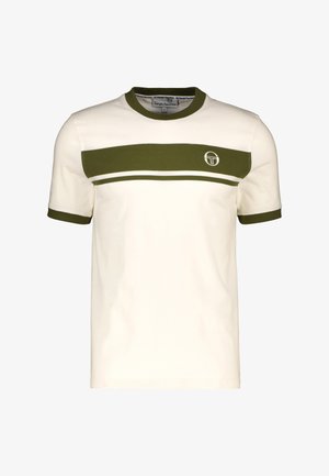 Korte mouwen t-shirt in roomkleur met olijfgroene accenten. Kenmerkt een ronde halslijn en een horizontale strook over de borst. Merklogo aanwezig.