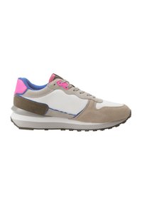 Herren-Sneaker mit Obermaterial aus beigem Wildleder und weißem Mesh, rosa und blauen Akzenten, grauer Gummisohle und abgerundetem Zehendesign.