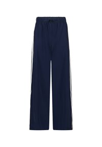 Navy wide-leg pants with an elastic waistband and drawstring. Features white side stripes, smooth texture, and breathable fabric.