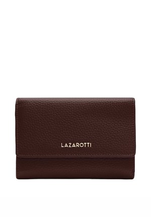 Bruine leren portemonnee met een gestructureerd oppervlak, met een gouden logo "LAZAROTTI" op de voorkant en een rechthoekig klepontwerp.