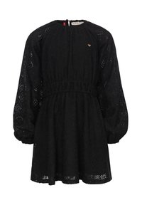 Zwarte jurk met lange pofmouwen, textuur van kantstof met een geometrisch patroon, elastische tailleband en klein hartdetail.