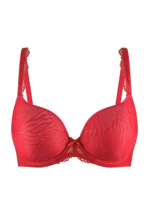 Reggiseno rosso con bordi in pizzo, tessuto liscio con motivo zebratto. Dotato di spalline regolabili e un fiocchetto decorativo al centro.