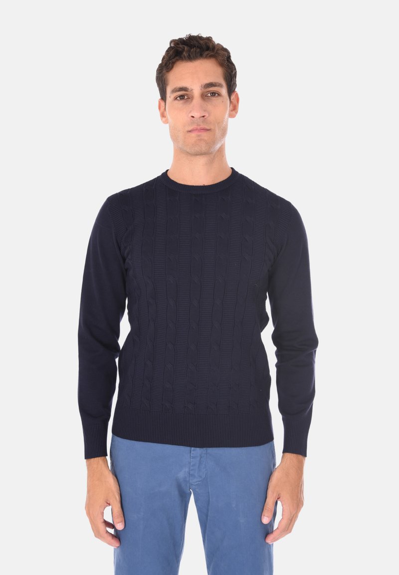 Maglione a trecce blu navy con scollo rotondo, maniche lunghe e polsini e orlo a coste. Il motivo testurizzato è ben evidente.