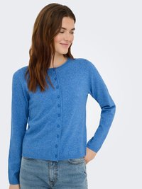Cardigan bleu avec manches longues, encolure ronde et fermeture à boutons sur le devant. Confectionné en tissu texturé doux avec une finition lisse.