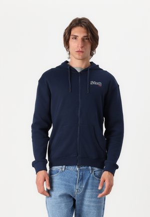 Sweat à capuche zippé bleu marine en mélange de coton, avec poches avant, capuche à cordon de serrage et logo brodé sur la poitrine.