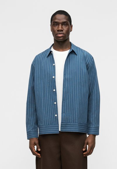 Jeune homme debout portant une chemise bleu marine à fines rayures boutonnée sur un T-shirt blanc et un pantalon marron foncé, sur un fond clair uni.