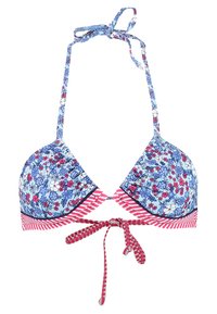 Hármas alakú bikini felsőrész kék és piros virágmintával, csíkos rózsaszín és fehér aljjal, valamint állítható kötelekkel a nyakán és a hátán.