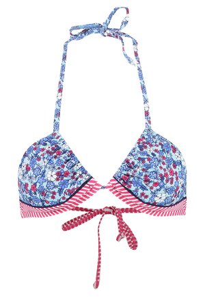 Triangular bikini top with floral blue and red pattern, striped pink and white underband, and adjustable ties at the neck and back.