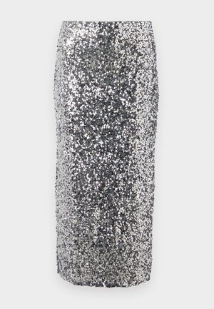 Silver sequin pencil skirt with a straight shape. Features a smooth texture and shimmering surface, providing a reflective quality.
