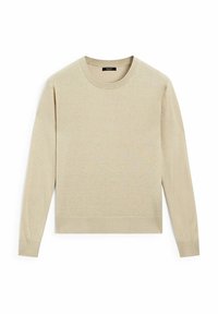 Pull beige à manches longues et col rond, avec poignets et ourlet côtelés, posé à plat sur fond blanc.