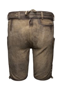 Braune Leder-Shorts mit strukturiertem Finish, mit einem dekorativen Bund, Seitentaschen und Schnürdetails an den Beinen.