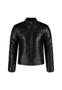 Black leather jacket with a high collar, padded design, and zip-up front. Features two side pockets and ribbed cuffs for a fitted look.