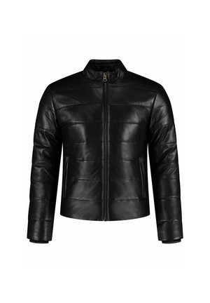 Veste en cuir noir avec un col haut, design matelassé et fermeture éclair à l'avant. Comprend deux poches latérales et des poignets côtelés pour un look ajusté.