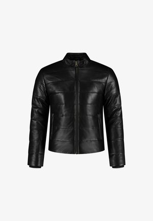 Schwarze Lederjacke mit hohem Kragen, gepolstertem Design und Reißverschluss vorne. Verfügt über zwei Seitentaschen und gerippte Bündchen für eine taillierte Optik.