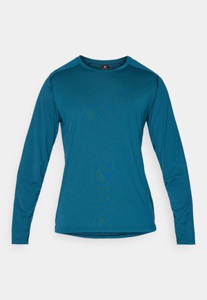 Koszula z długim rękawem w turkusowym kolorze, z okrągłym dekoltem, gładką teksturą i dopasowanym krojem. Brak widocznych wzorów lub akcentów.