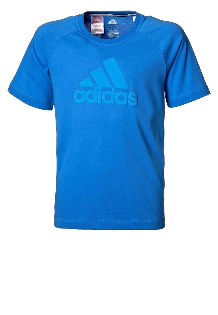 Niebieska bawełniana koszulka z krótkimi rękawami, z teksturowanym logo Adidas w nieco jaśniejszym odcieniu, okrągłym dekoltem i prostym dołem.