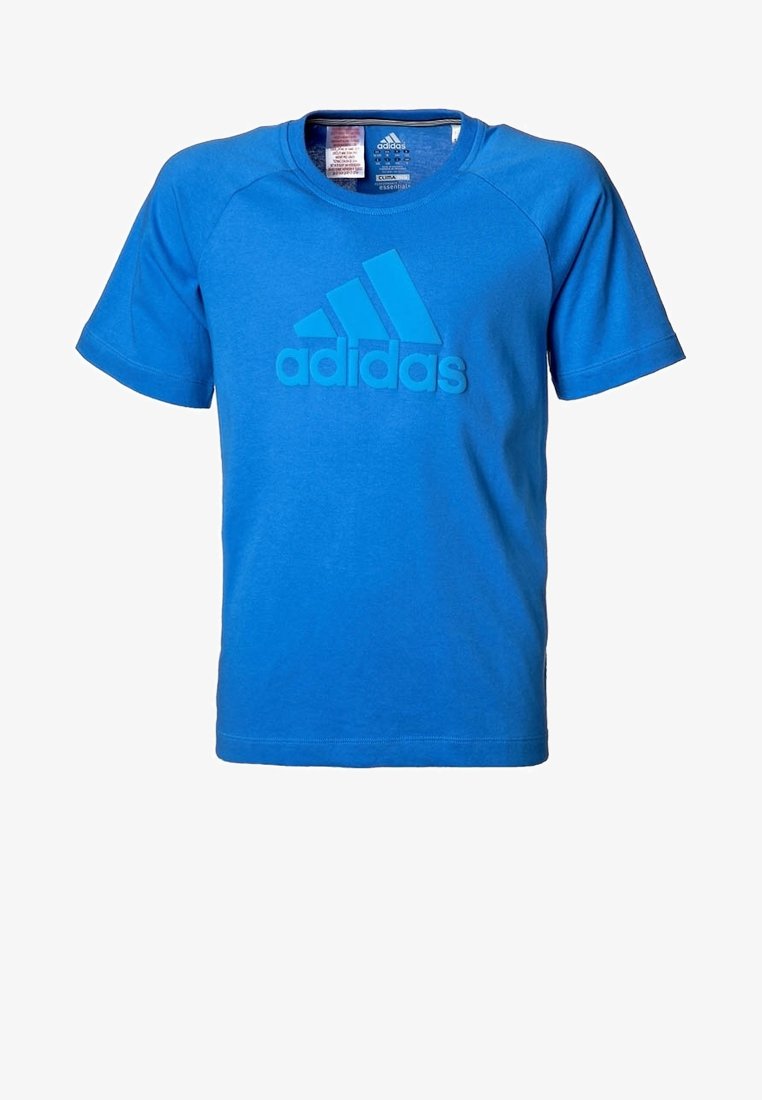 Niebieska bawełniana koszulka z krótkimi rękawami, z teksturowanym logo Adidas w nieco jaśniejszym odcieniu, okrągłym dekoltem i prostym dołem.