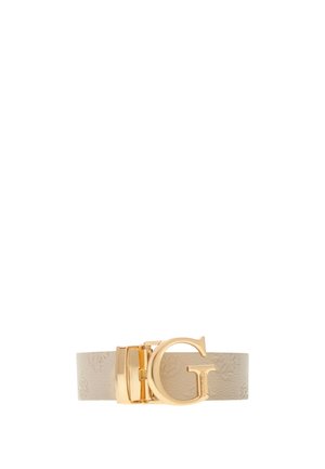 Ceinture en cuir texturé crème avec une grande boucle en métal doré en forme de la lettre G.