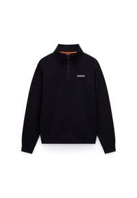 Black pullover sweatshirt with a high neck and half-zip design. Features orange accent inside the collar and a small logo on the chest.
