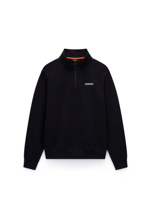 Zwarte pullover sweatshirt met hoge nek en een half-rits ontwerp. Kenmerkt een oranje accent binnen de kraag en een klein logo op de borst.