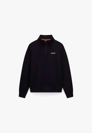 Mustapulloversweatshirt, jossa on korkea kaula-aukko ja puolivälin vetoketju. Ominaisuuksiin kuuluu oranssi sisustus kauluksessa ja pieni logo rinnassa.