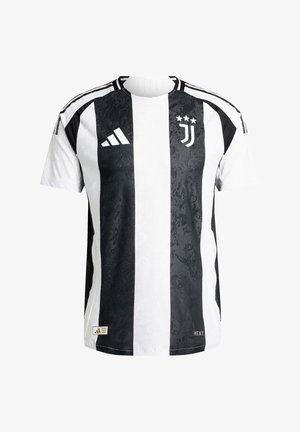 Schwarz-weiß gestreiftes Kurzarm-Trikot mit strukturiertem Muster, versehen mit Adidas-Branding und einem Juventus-Logo auf der Brust.