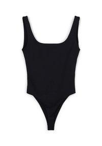Costume da bagno intero nero con scollo quadrato, spalline larghe e gambe alte. Tessuto morbido senza motivi o accessori visibili.