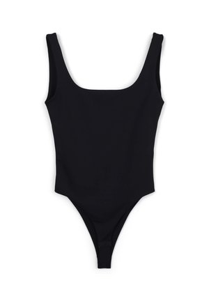Costume da bagno intero nero con scollo quadrato, spalline larghe e gambe alte. Tessuto morbido senza motivi o accessori visibili.