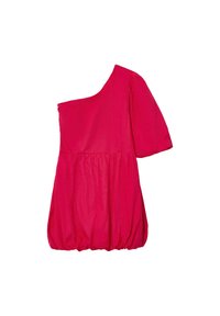 Abito rosa asimmetrico con una manica corta, uno scollo rotondo e una gonna arricciata che crea una forma a pallone all'orlo.
