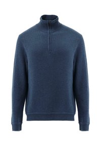 Navy Pullover mit hohem Kragen und Viertelreißverschluss. Aus weichem Stoff mit gerippten Säumen und Halsausschnitt, mit einer glatten Textur.