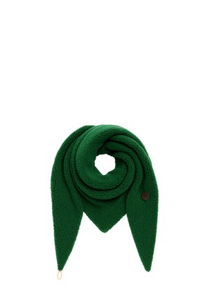 Dark green triangular fleece scarf with a textured surface, a visible button, and a loop at one pointed end.