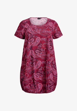 Lyhythihainen mekko, jossa on pyöreä kaula-aukko burgundin värisenä, ja se on koristeltu vaaleanpunaisella ja valkoisella paisley-kuviolla. Mekossa on kerätty helma, joka tarjoaa rennon istuvuuden.