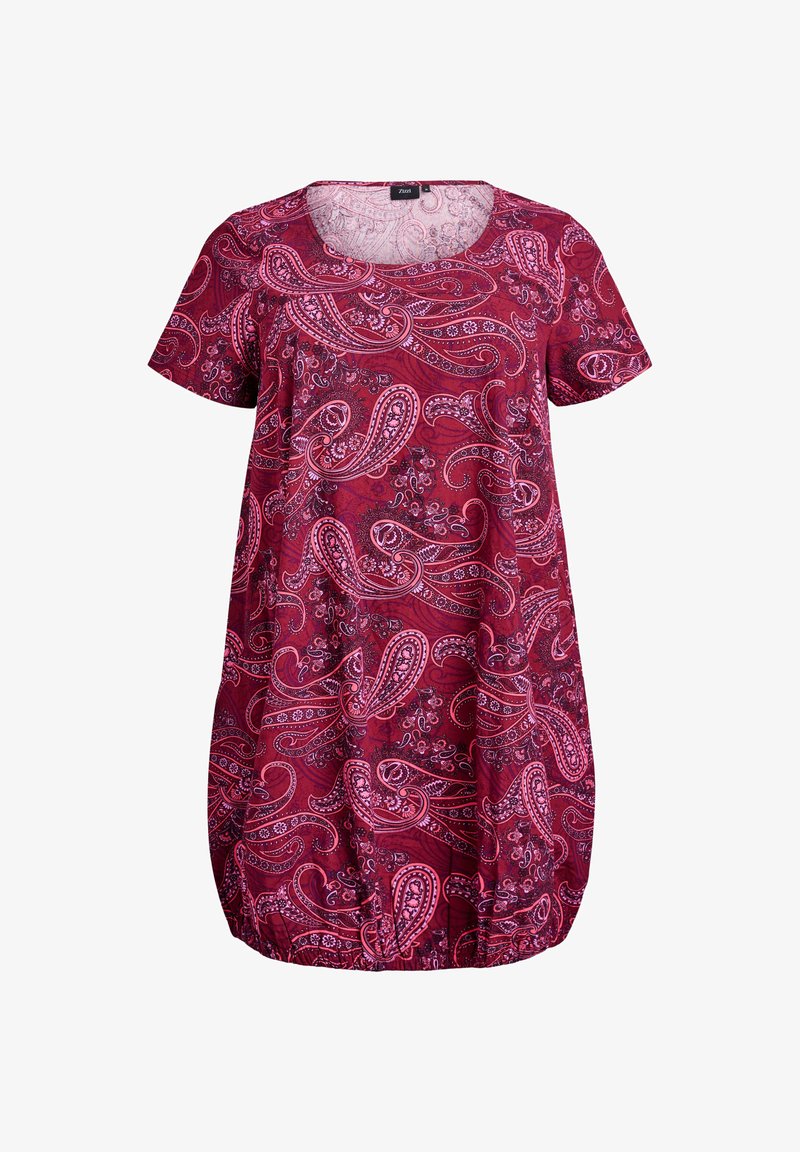 Tumšs sarkanā apģērbs ar īsām piedurknēm un noapaļotu kakla izgriezumu, ar rozā un baltu paisley rakstu un savāktu apakšmalu, nodrošinot ērtu piegulšanu.