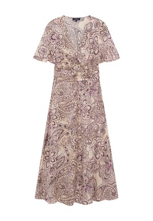 Vestito midi beige con motivo floreale paisley viola, scollo a V, maniche corte svolazzanti e dettaglio di vita arricciata.