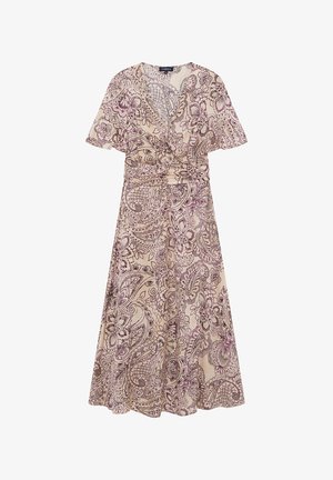 Vestito midi beige con motivo floreale paisley viola, scollo a V, maniche corte svolazzanti e dettaglio di vita arricciata.