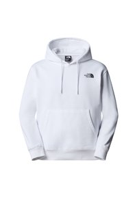 Sudadera de algodón blanco con un bolsillo canguro en la parte delantera, capucha con cordón y un pequeño logo negro en el lado izquierdo del pecho. Textura suave, diseño de tipo pullover.