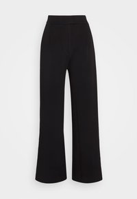 Pantalon noir à jambes larges en tissu lisse, taille haute, plis à l'avant, avec une ligne épurée et structurée. Pas de poches visibles.
