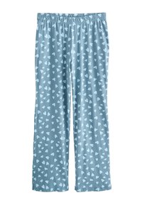 Pantalon de pyjama bleu clair avec une taille élastique, présentant un motif de cœurs dispersés en bleu plus clair, fabriqué en tissu doux et extensible.