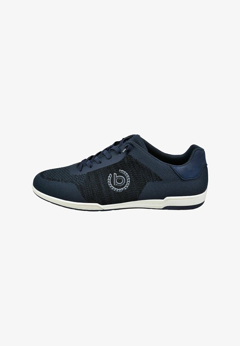 Navy breathable mesh sneaker with lace-up design, white rubber sole, and logo detail in grey on the side. Textured surface throughout.