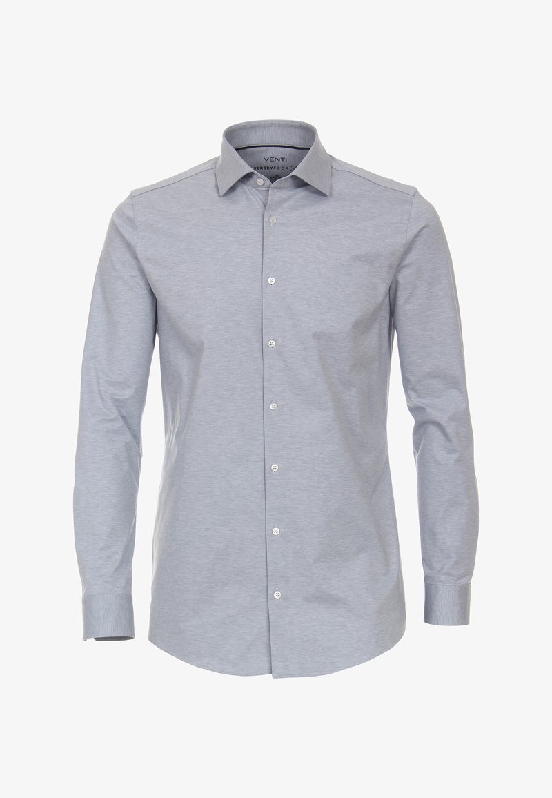 Hellgraues Langarmshirt aus glattem Stoff mit Kentkragen, Frontleiste mit weißen Knöpfen und abgerundetem Saum.