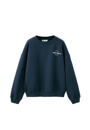 Sweat-shirt bleu marine à manches longues avec col rond, poignets et base côtelés, comprenant un petit texte blanc sur le côté gauche de la poitrine indiquant "Best Years."