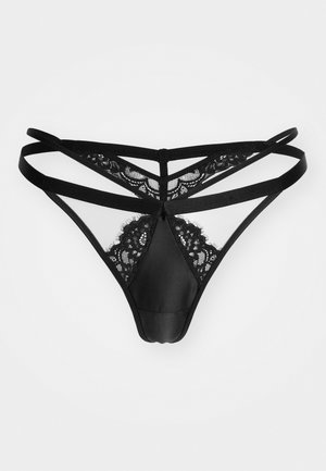 Juodas nėrinių trikampis, turintis permatomus tinklo intarpus, V formos dizainą, dvigubus dirželio akcentus ir lygų atlasinį priekinį paviršių. Subtilūs gėlių nėrinių akcentai.