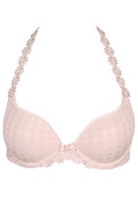 Light pink bra with a checkered pattern, lace accents along the straps, and a decorative bow at the center. Smooth fabric texture.