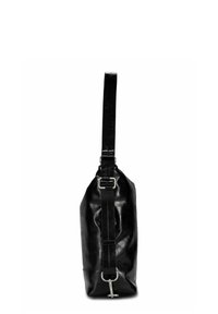 Sac en cuir noir avec une surface texturée, une forme effilée, une sangle réglable et des accents de quincaillerie argentée. Design minimaliste, compartiment unique.