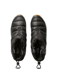 Black padded shoes with elastic straps, rubber soles, and a drawstring closure. Features textured fabric and logo on the inner lining.