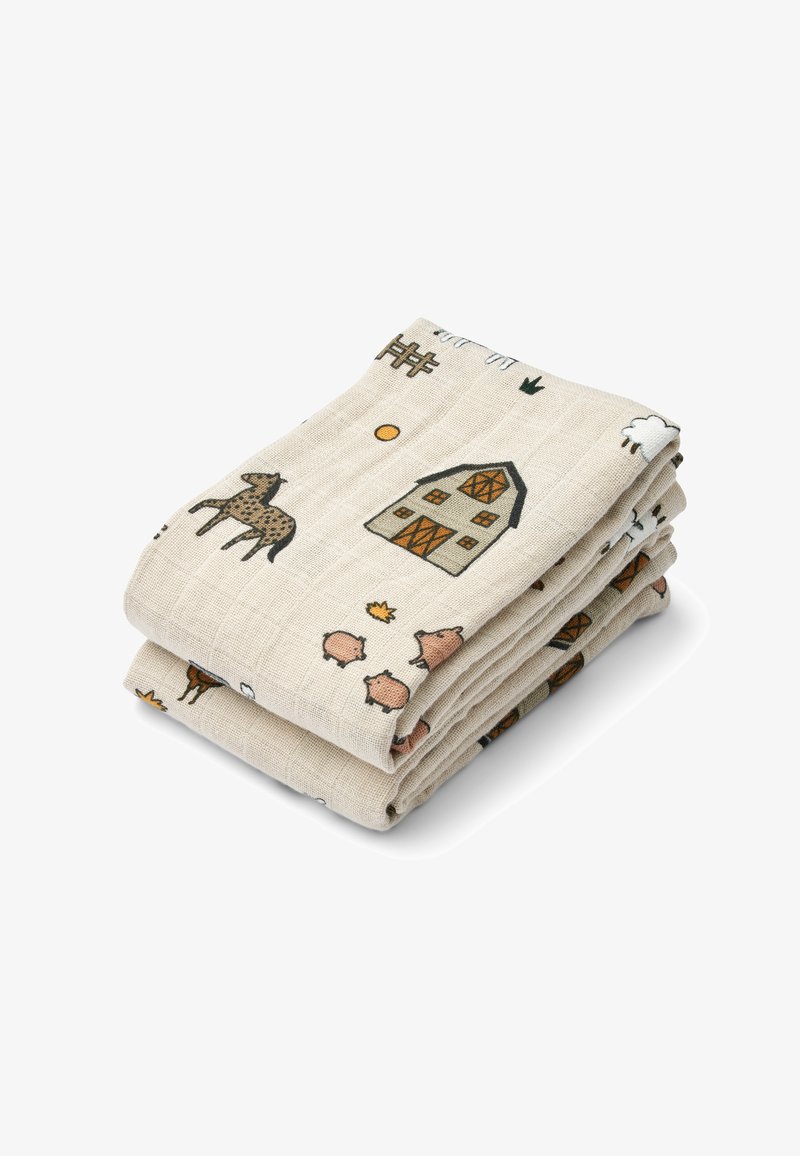 Bomull muslin stoff, beige med trykte landtematiske illustrasjoner av dyr og en låve, pent brettet i tre seksjoner.