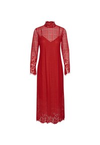 Röd spetsklänning med hög hals, långa ärmar och blommönster. Genomskinlig struktur och vågig nederkant framhäver designen.