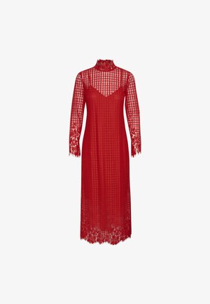 Red lace dress with a high neck, long sleeves, and floral patterns. Sheer texture and scalloped hem accentuate the design.