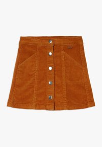 Roestkleurige corduroy mini-jurk met metalen drukknoopjes aan de voorkant en twee schuine voorzakken.